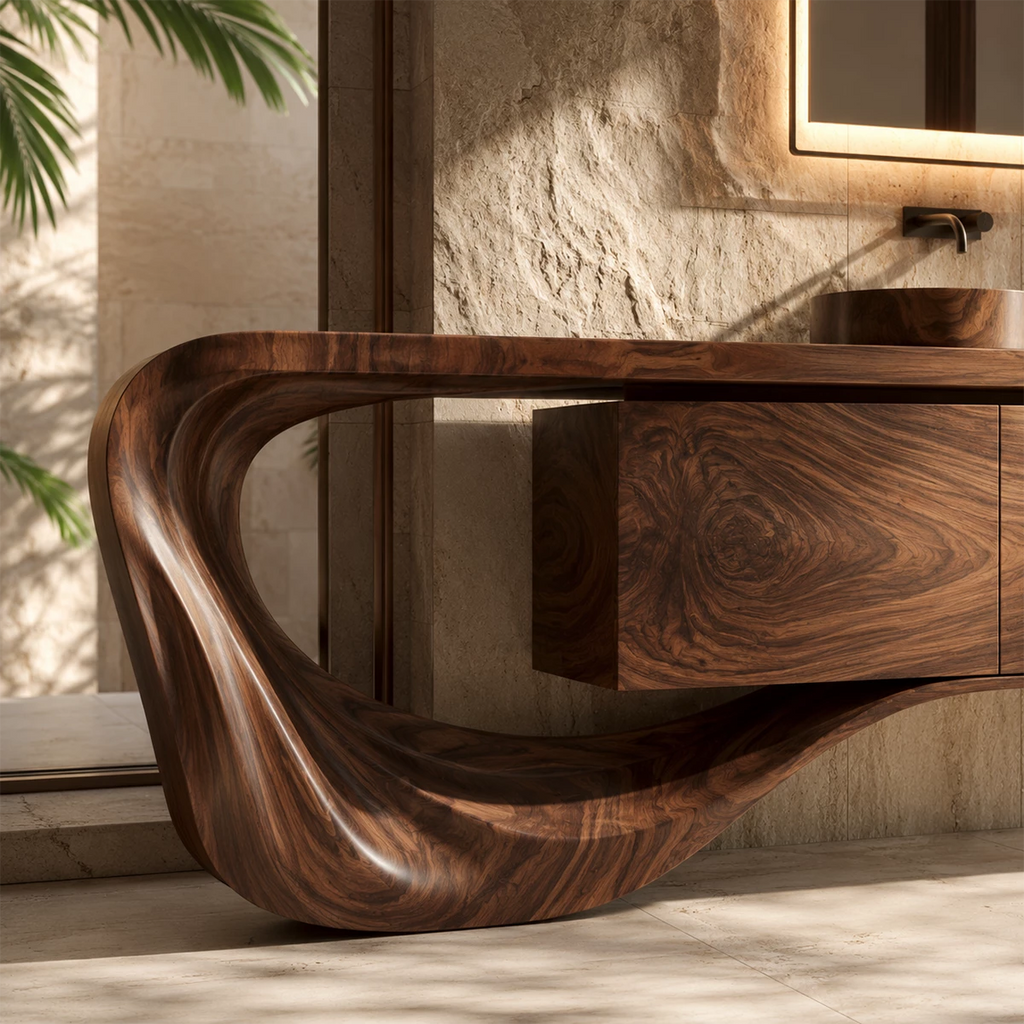 Natural Solid Wood Floating Bathroom Vanity with Sculptural Loop Base