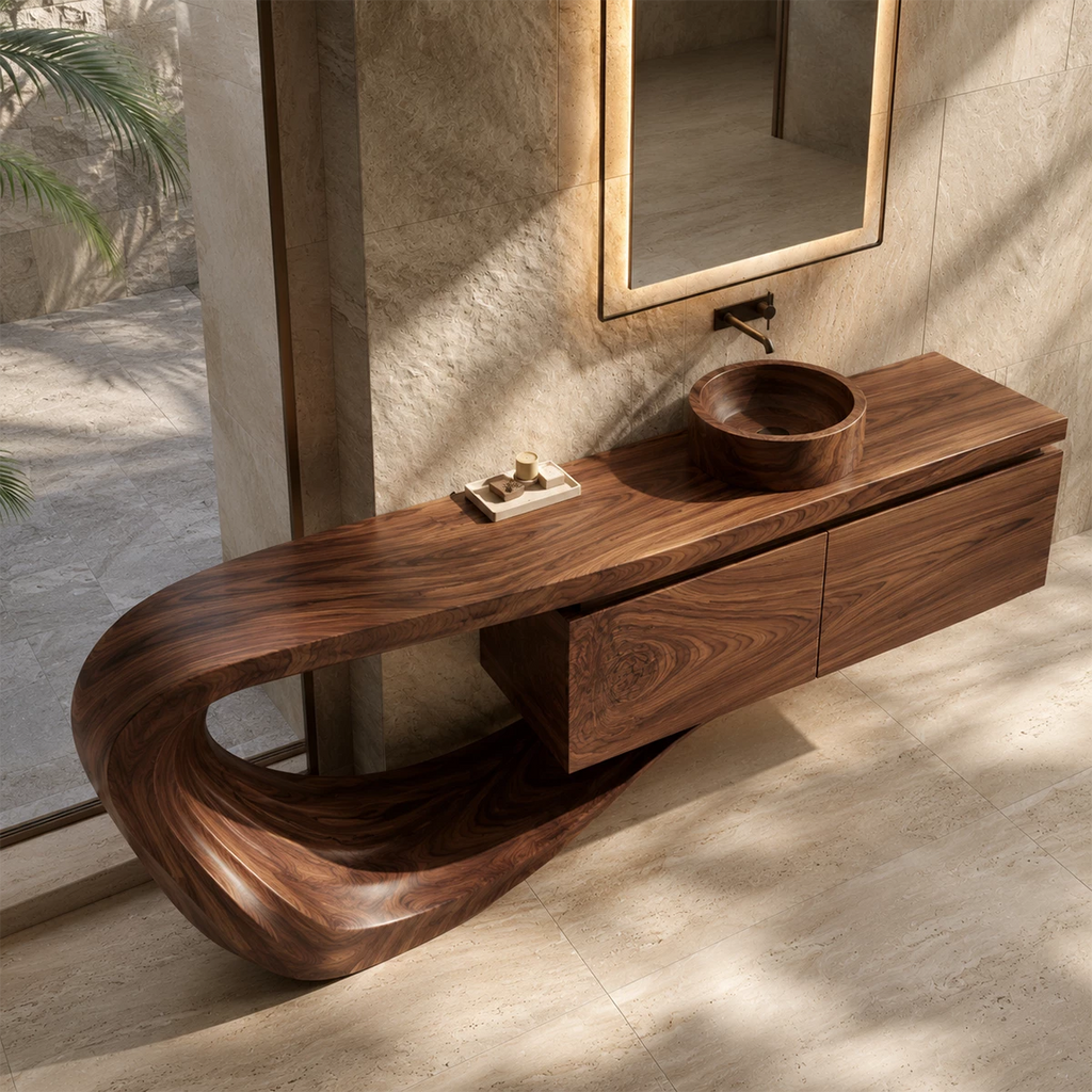 Natural Solid Wood Floating Bathroom Vanity with Sculptural Loop Base