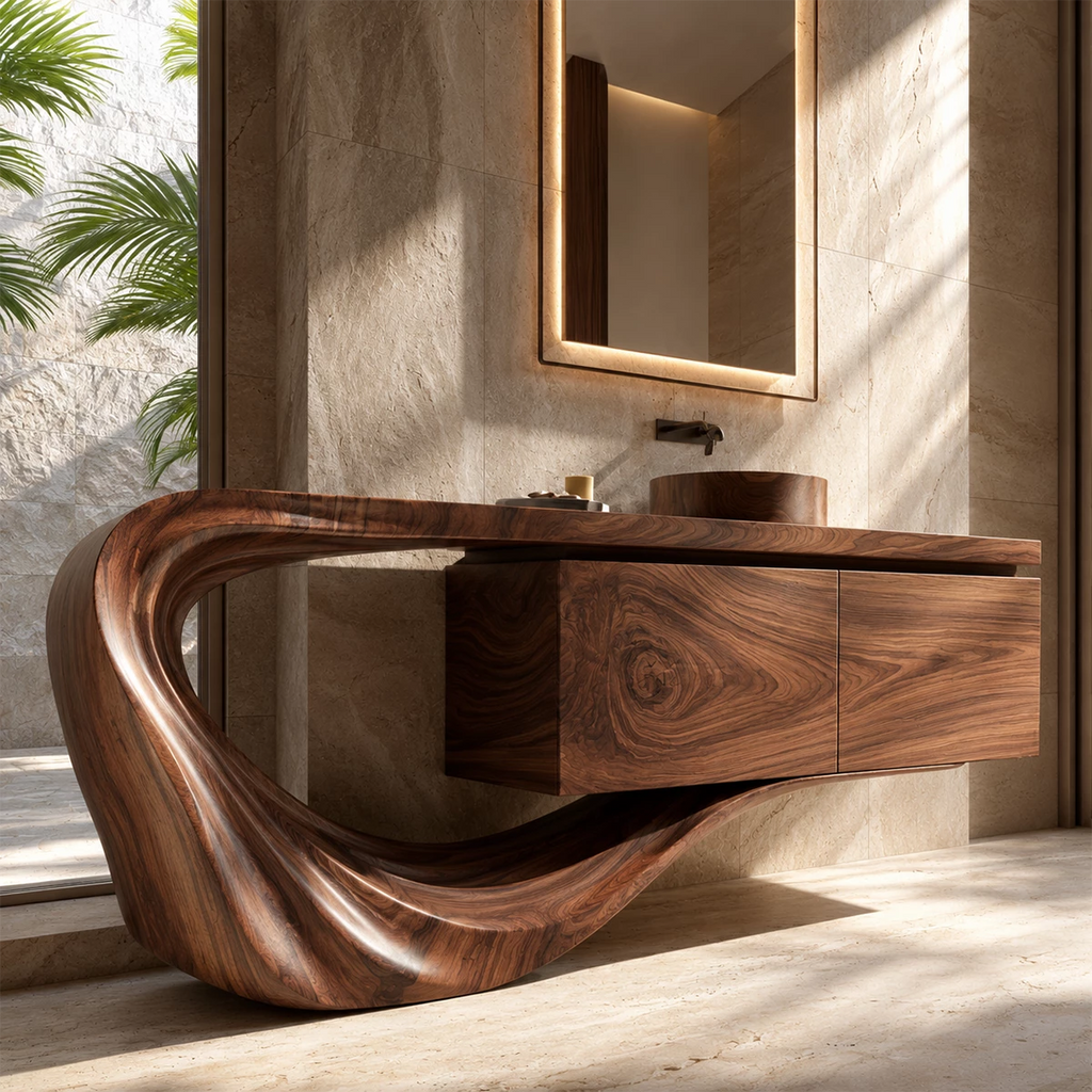 Natural Solid Wood Floating Bathroom Vanity with Sculptural Loop Base