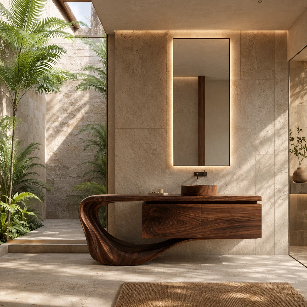 Natural Solid Wood Floating Bathroom Vanity with Sculptural Loop Base