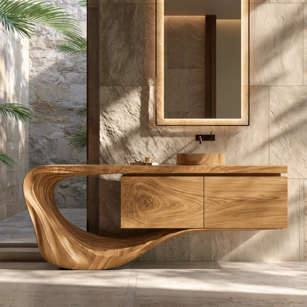 Natural Solid Wood Floating Bathroom Vanity with Sculptural Loop Base
