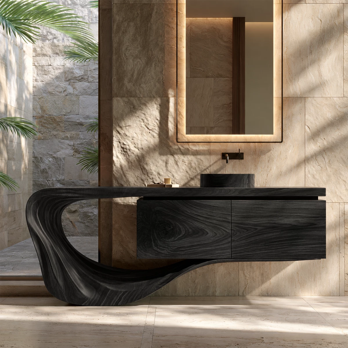 Natural Solid Wood Floating Bathroom Vanity with Sculptural Loop Base