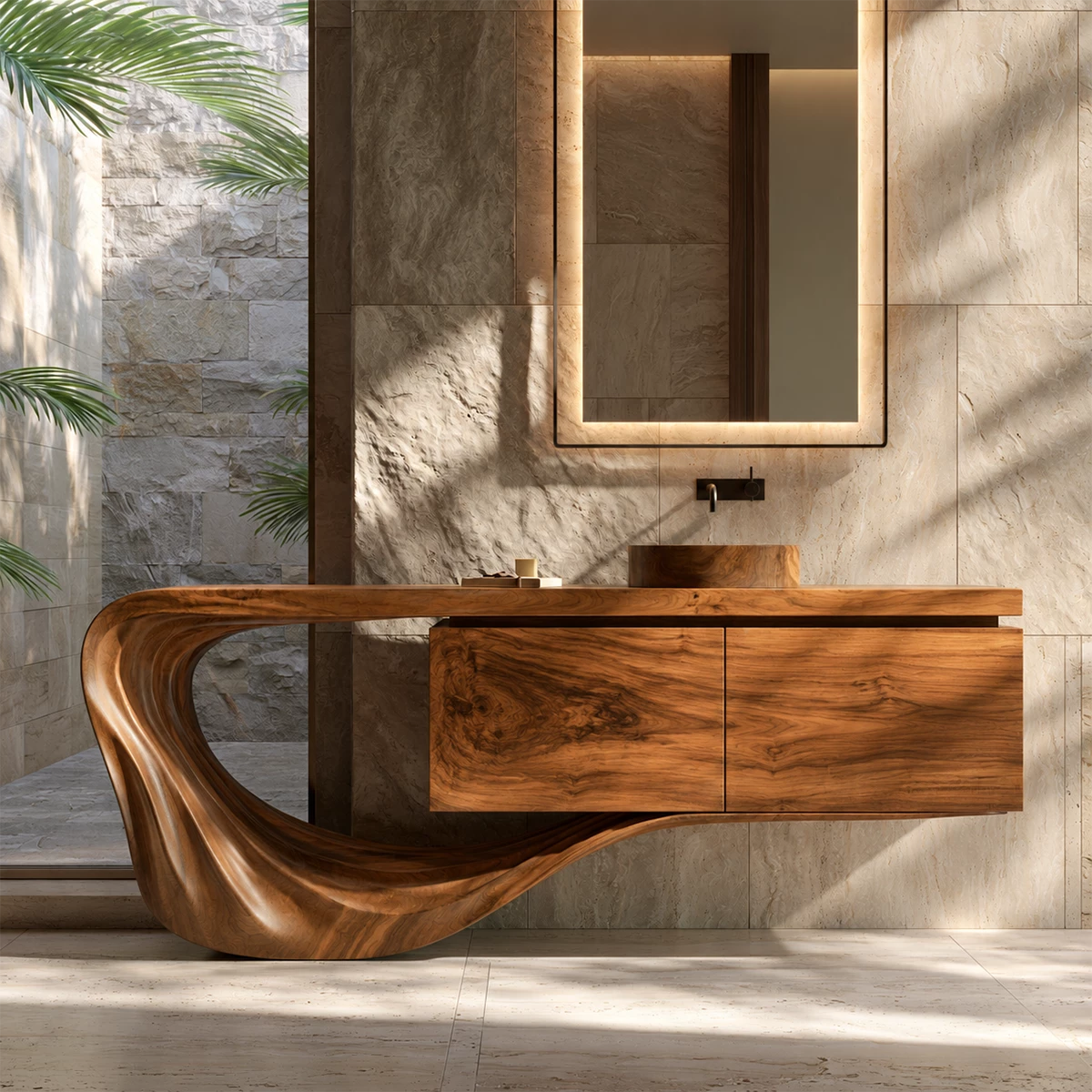 Natural Solid Wood Floating Bathroom Vanity with Sculptural Loop Base
