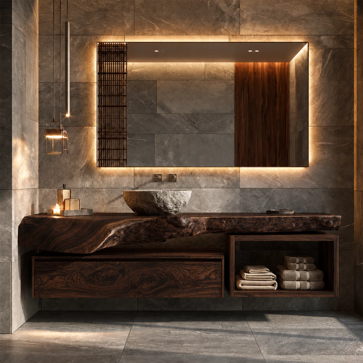 Natural Solid Wood Floating Bathroom Vanity with Two Drawers and Open Shelf