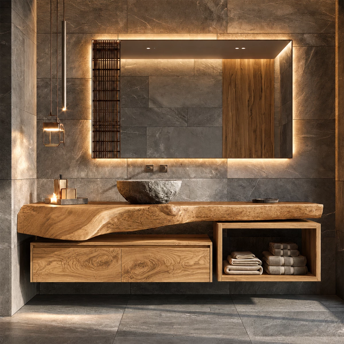 Natural Solid Wood Floating Bathroom Vanity with Two Drawers and Open Shelf