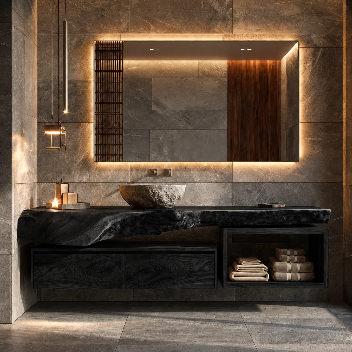 Natural Solid Wood Floating Bathroom Vanity with Two Drawers and Open Shelf