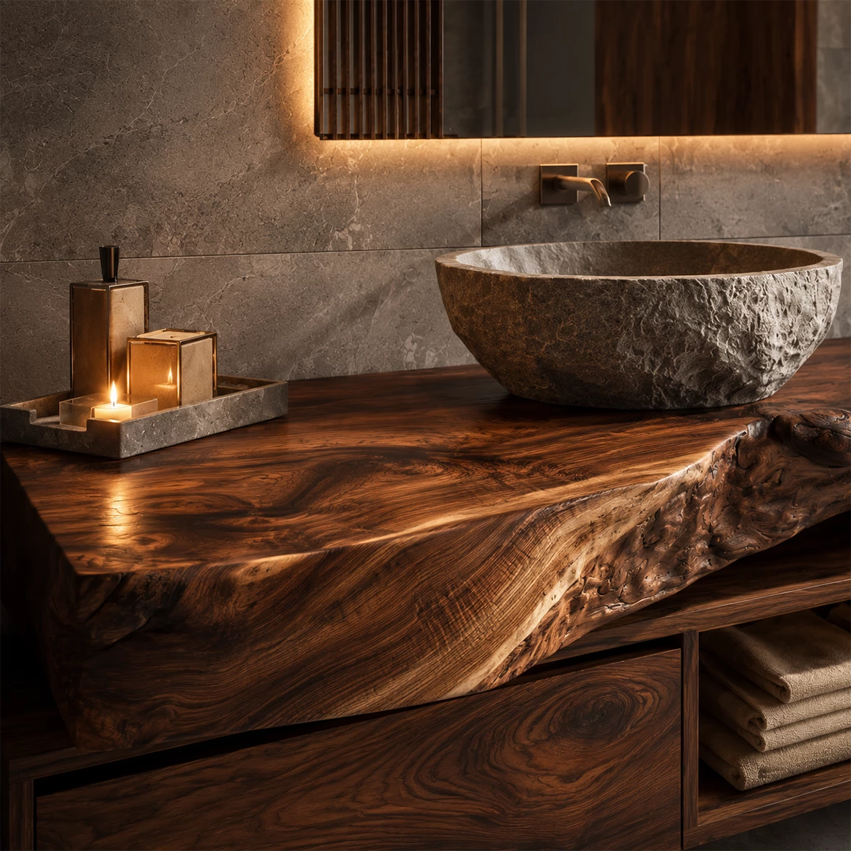 Natural Solid Wood Floating Bathroom Vanity with Two Drawers and Open Shelf