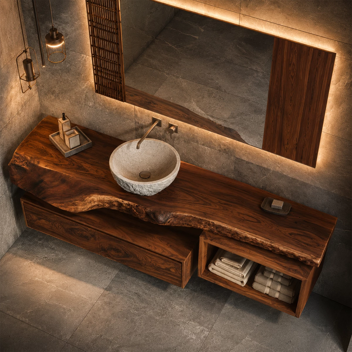 Natural Solid Wood Floating Bathroom Vanity with Two Drawers and Open Shelf