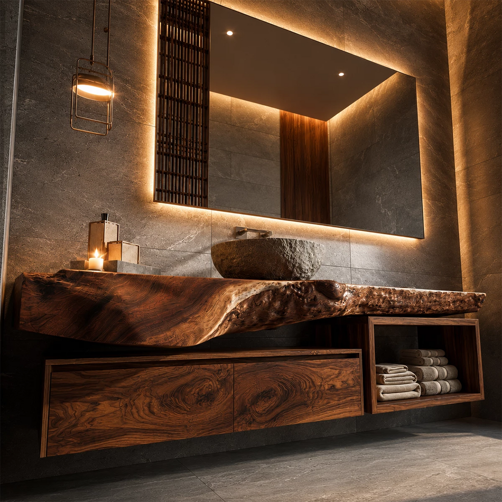 Natural Solid Wood Floating Bathroom Vanity with Two Drawers and Open Shelf