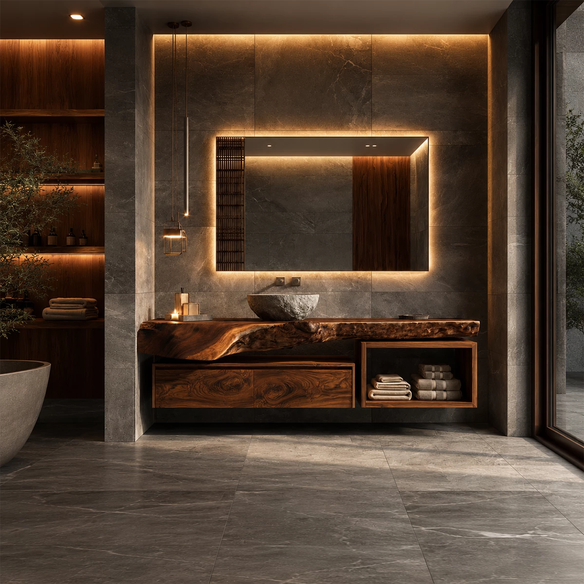 Natural Solid Wood Floating Bathroom Vanity with Two Drawers and Open Shelf