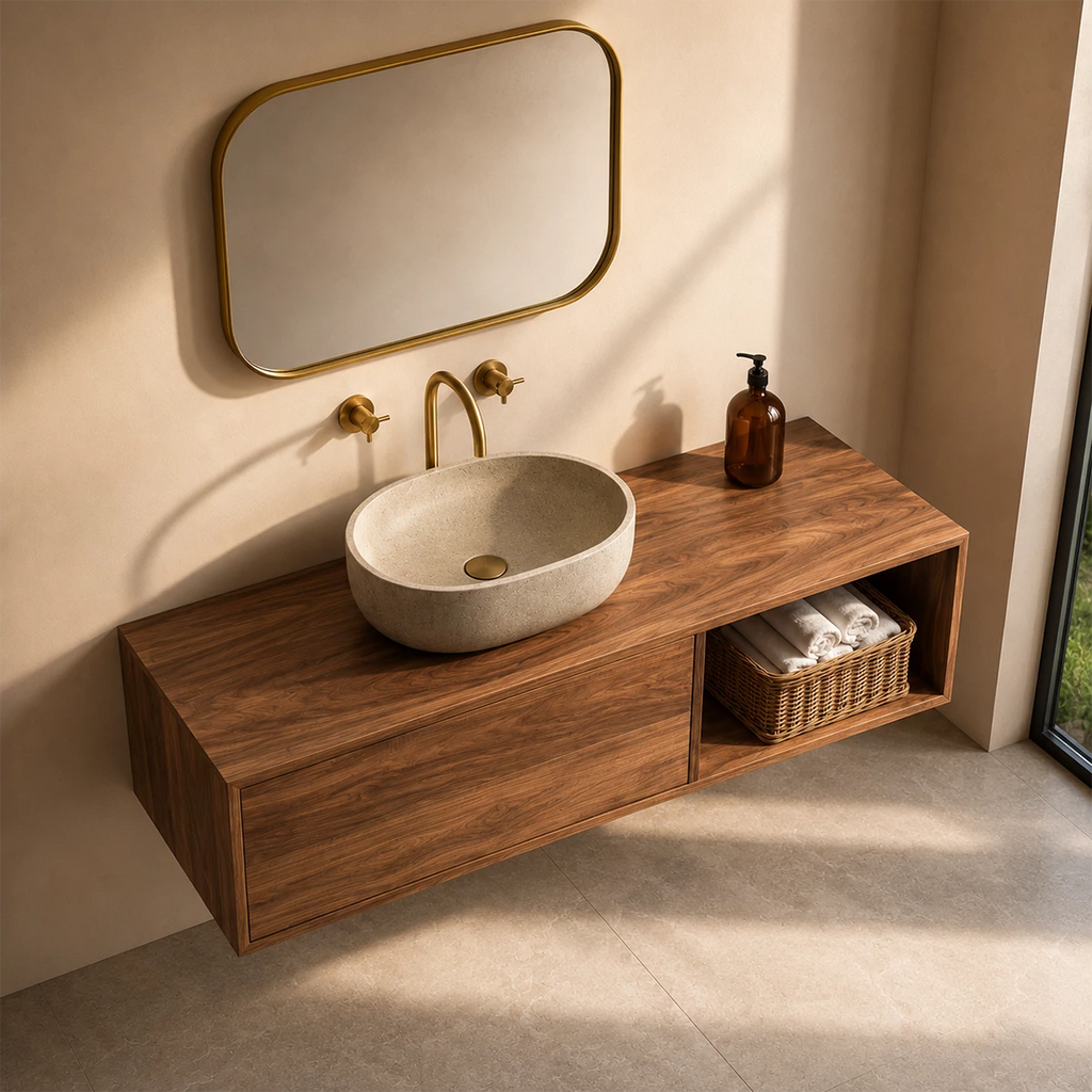 Natural Solid Wood Floating Bathroom Vanity with Concealed Storage and Open Shelf