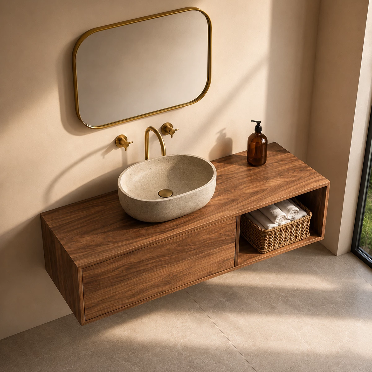 Natural Solid Wood Floating Bathroom Vanity with Concealed Storage and Open Shelf