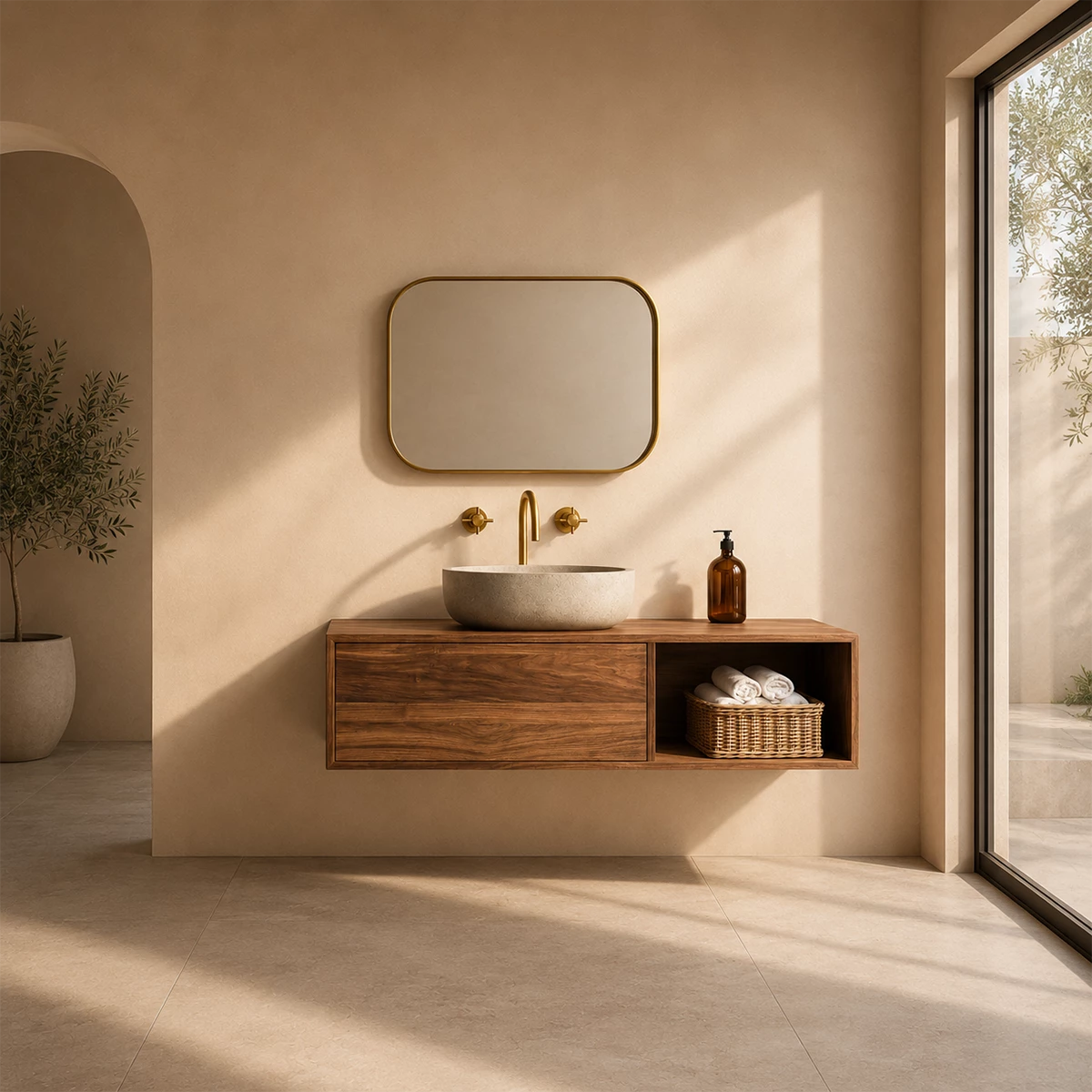 Natural Solid Wood Floating Bathroom Vanity with Concealed Storage and Open Shelf