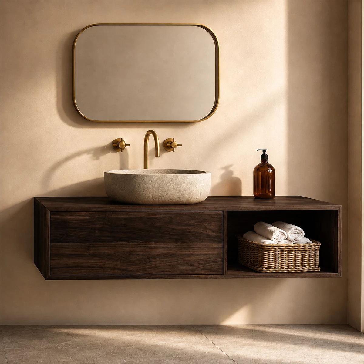 Natural Solid Wood Floating Bathroom Vanity with Concealed Storage and Open Shelf