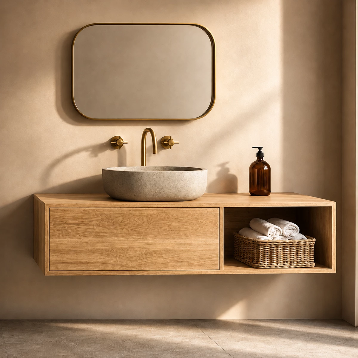 Natural Solid Wood Floating Bathroom Vanity with Concealed Storage and Open Shelf