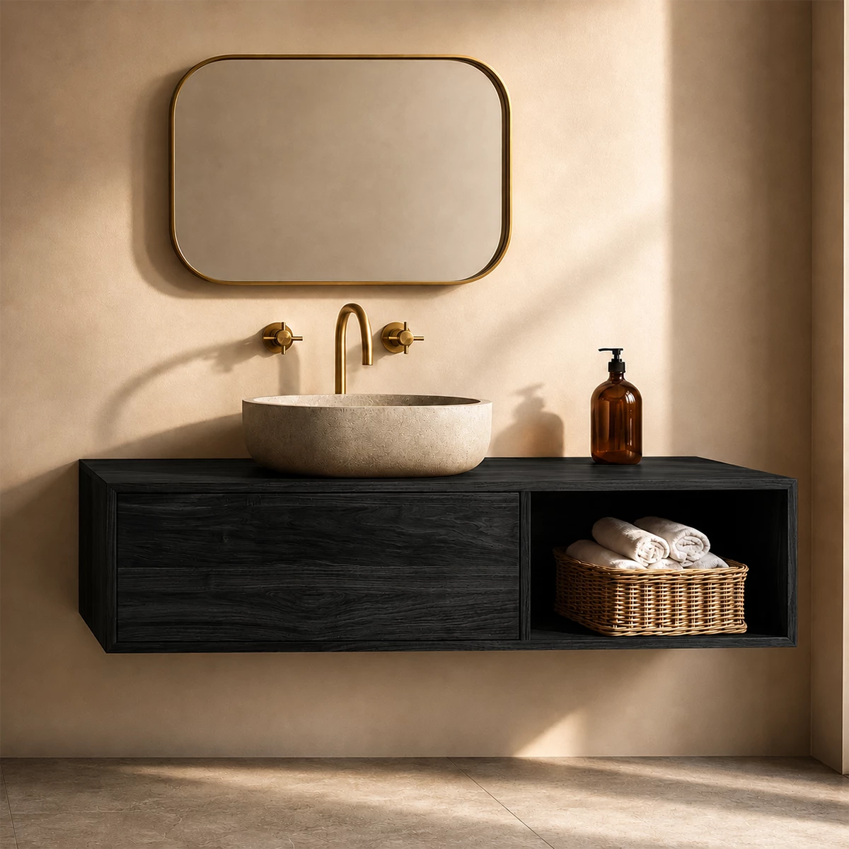 Natural Solid Wood Floating Bathroom Vanity with Concealed Storage and Open Shelf