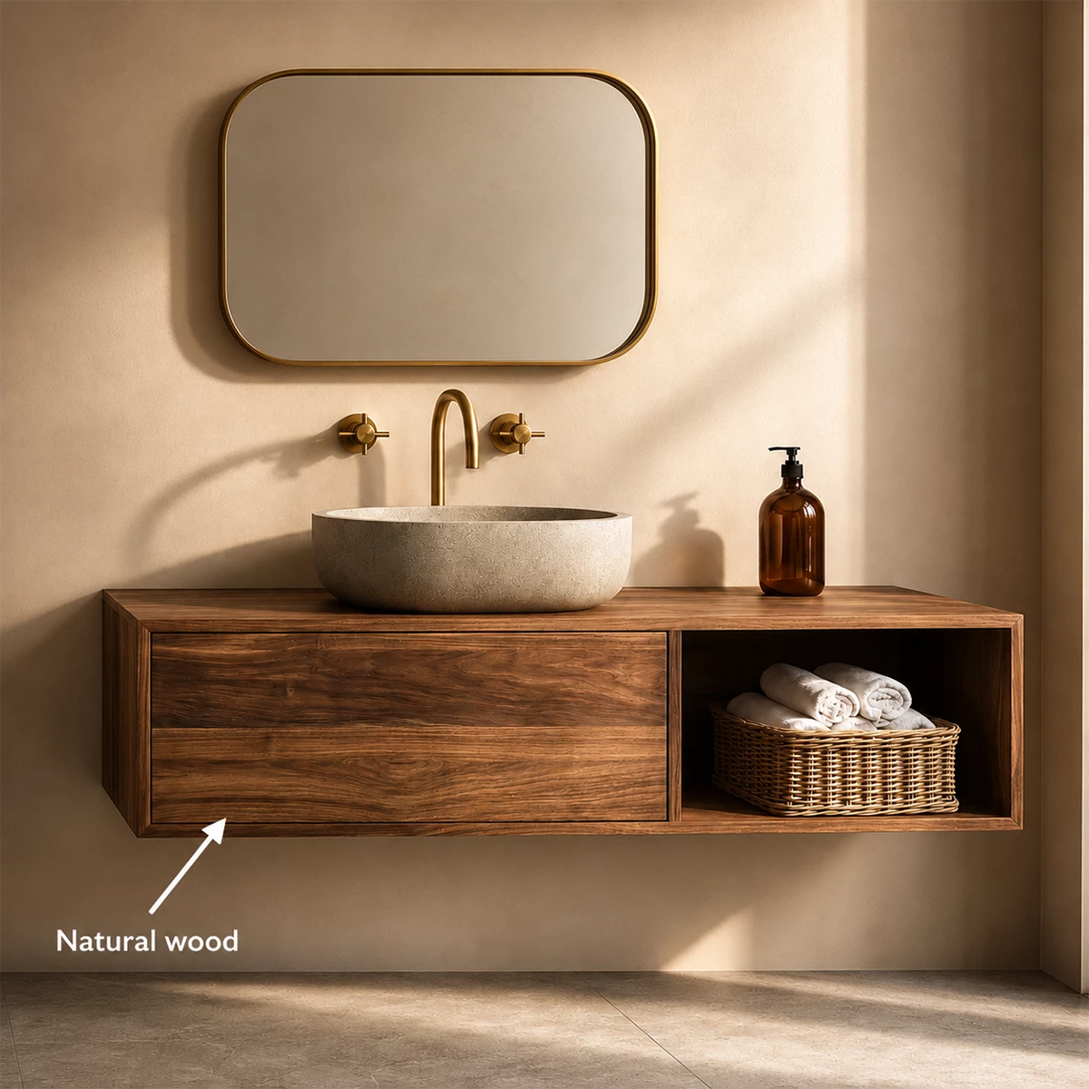 Natural Solid Wood Floating Bathroom Vanity with Concealed Storage and Open Shelf