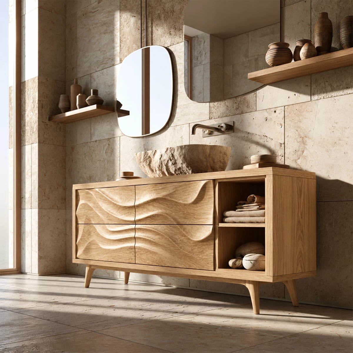 Natural Solid Wood Bathroom Vanity with Four Carved Drawers and Open Shelves