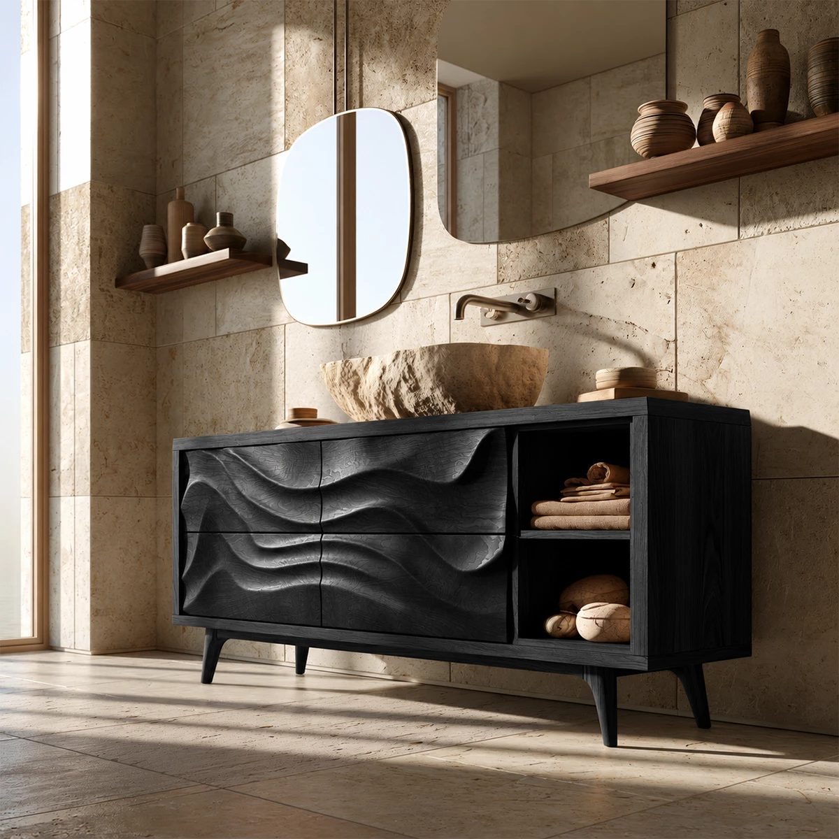 Natural Solid Wood Bathroom Vanity with Four Carved Drawers and Open Shelves