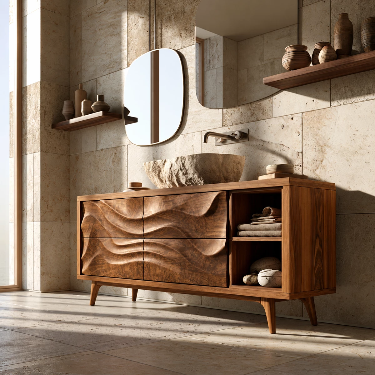 Natural Solid Wood Bathroom Vanity with Four Carved Drawers and Open Shelves