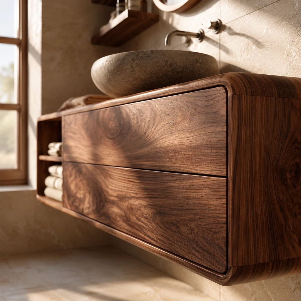 Natural Solid Wood Floating Bathroom Vanity with Two Drawers and Open Shelf