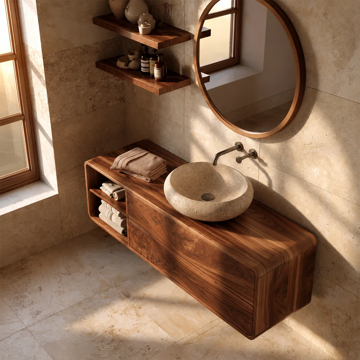 Natural Solid Wood Floating Bathroom Vanity with Two Drawers and Open Shelf