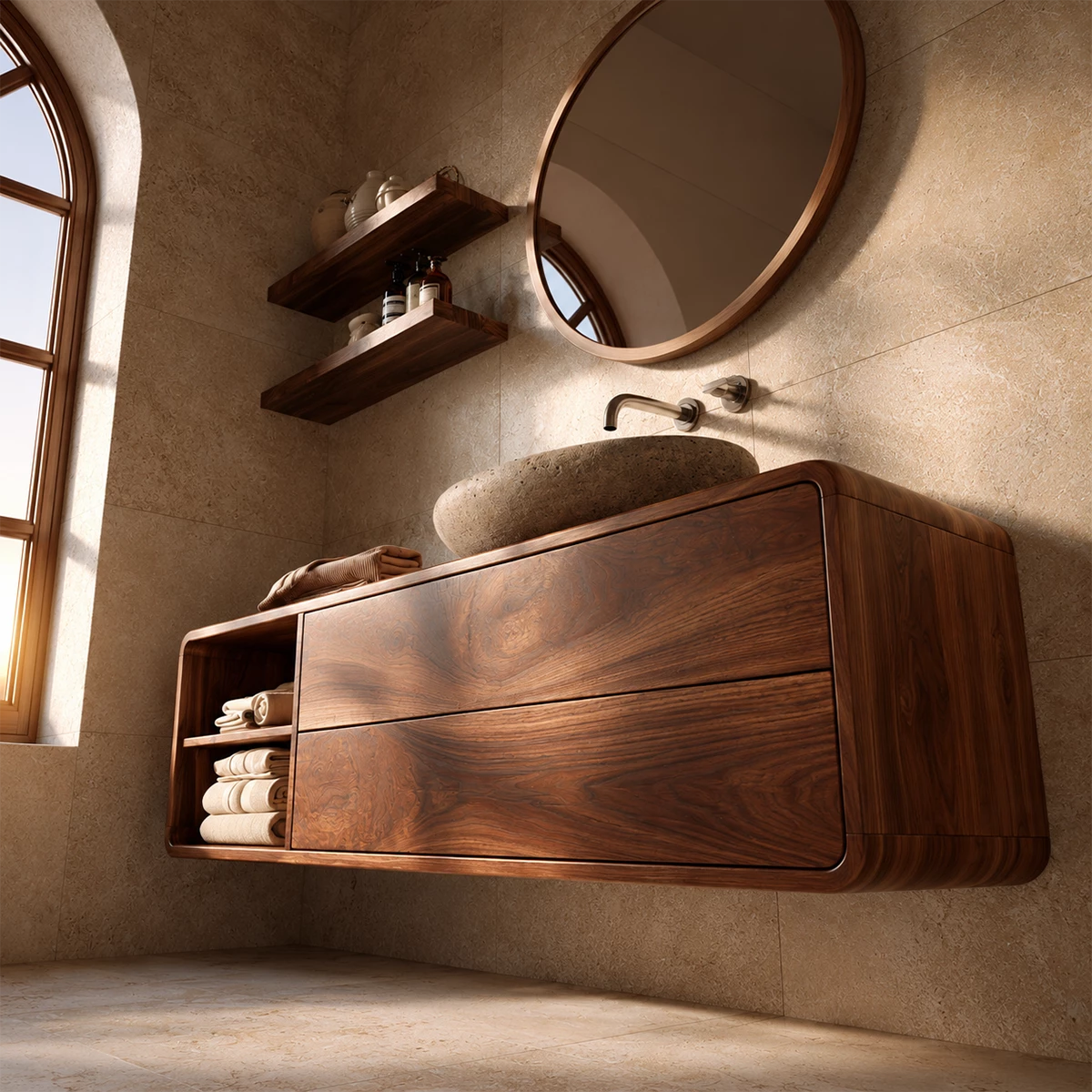 Natural Solid Wood Floating Bathroom Vanity with Two Drawers and Open Shelf