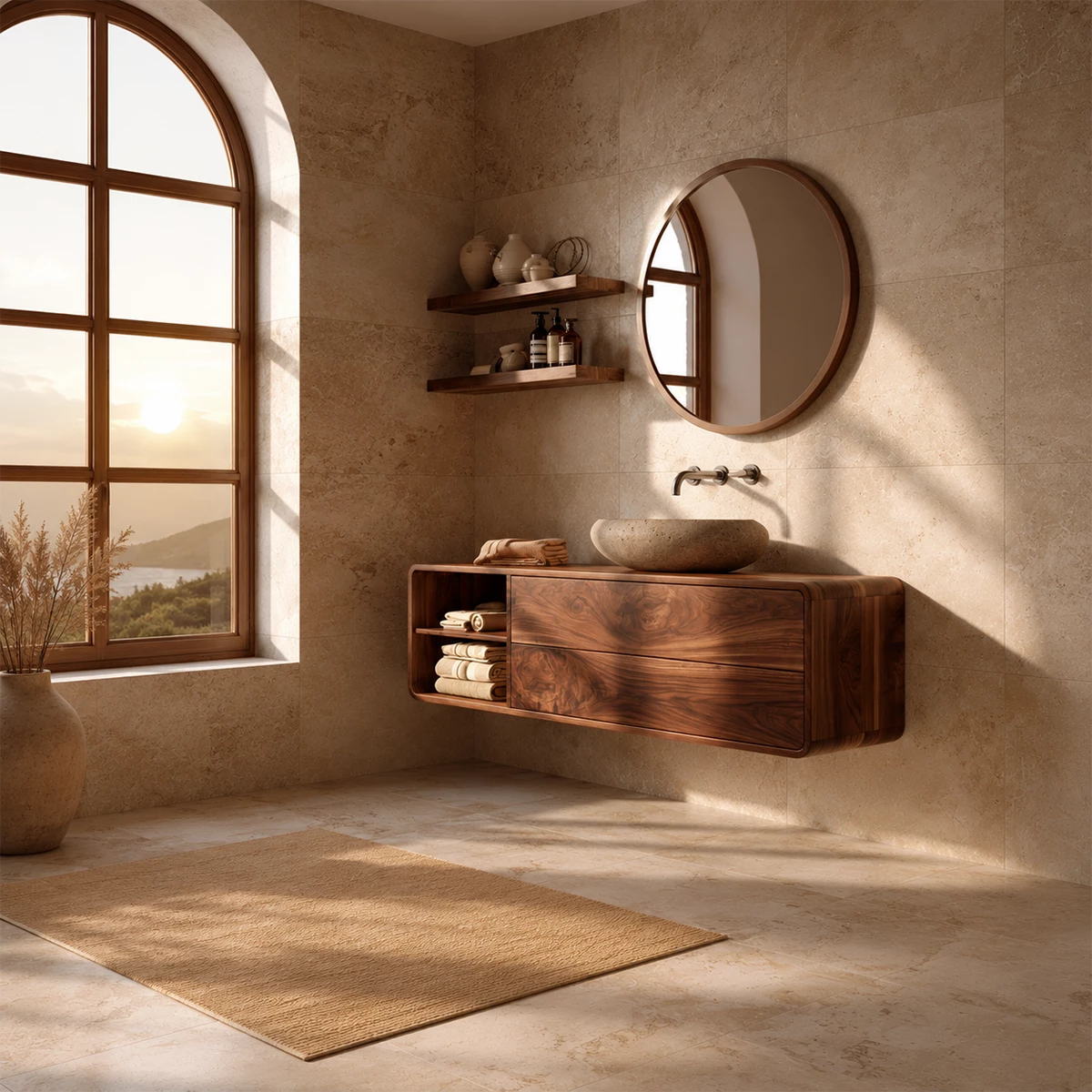 Natural Solid Wood Floating Bathroom Vanity with Two Drawers and Open Shelf