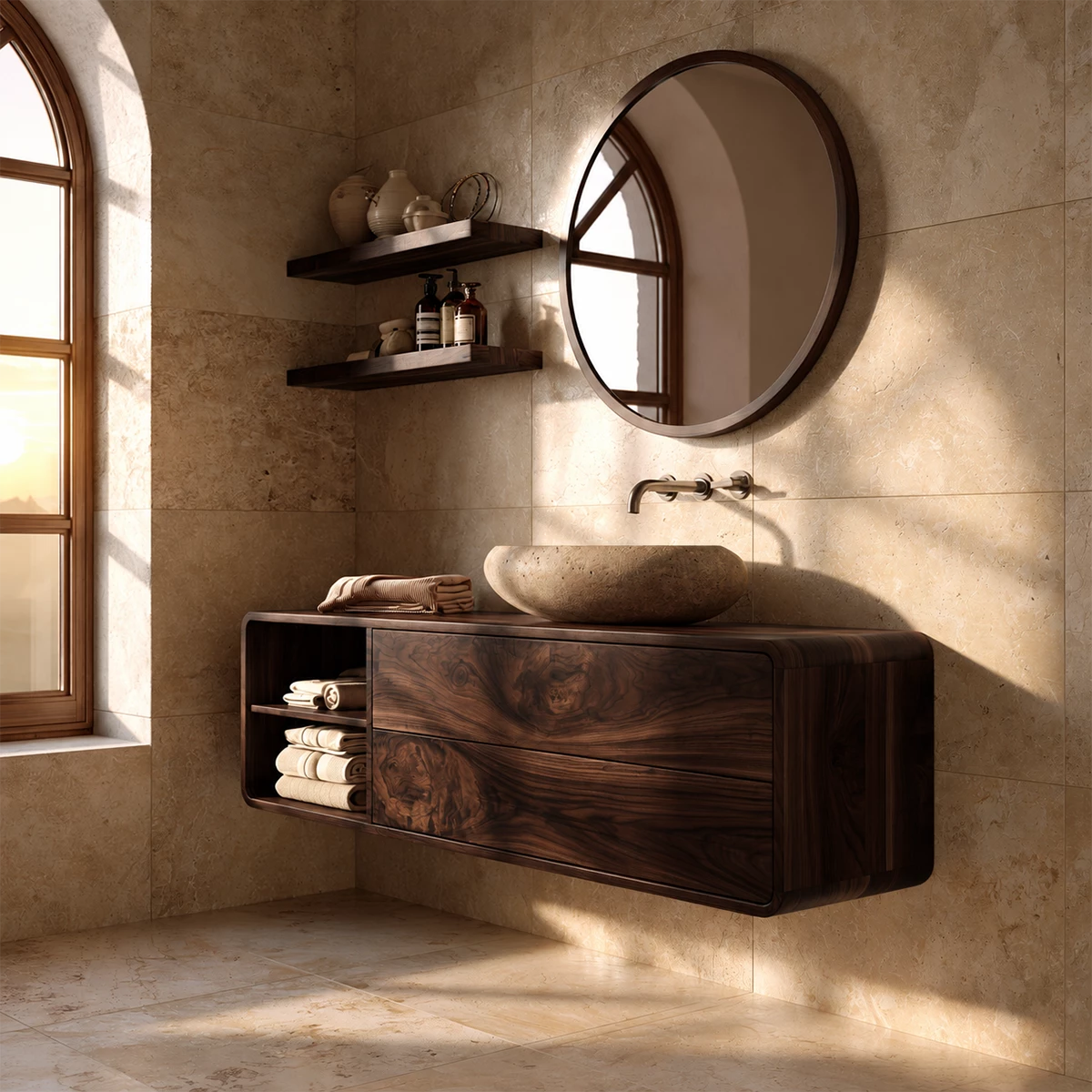 Natural Solid Wood Floating Bathroom Vanity with Two Drawers and Open Shelf