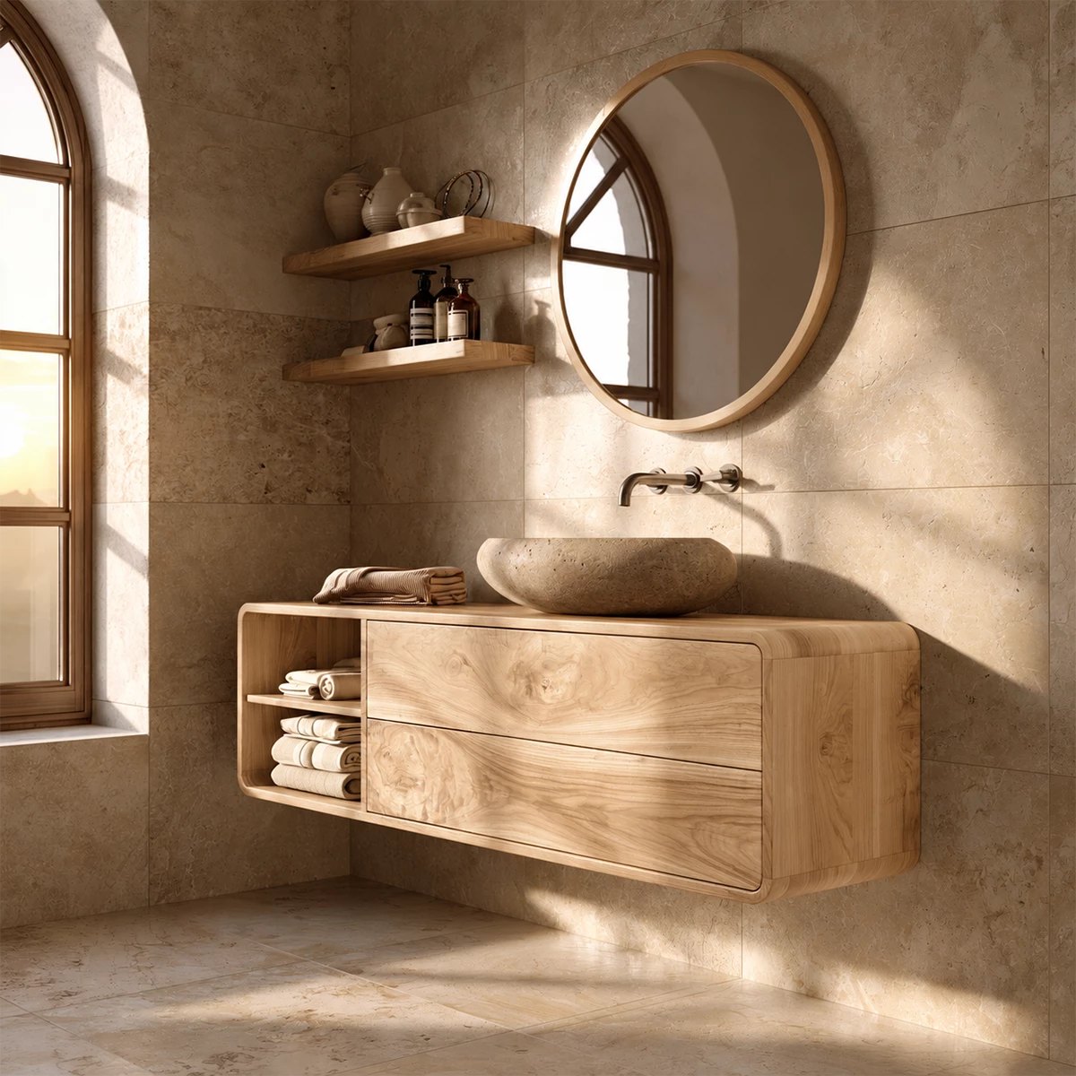 Natural Solid Wood Floating Bathroom Vanity with Two Drawers and Open Shelf