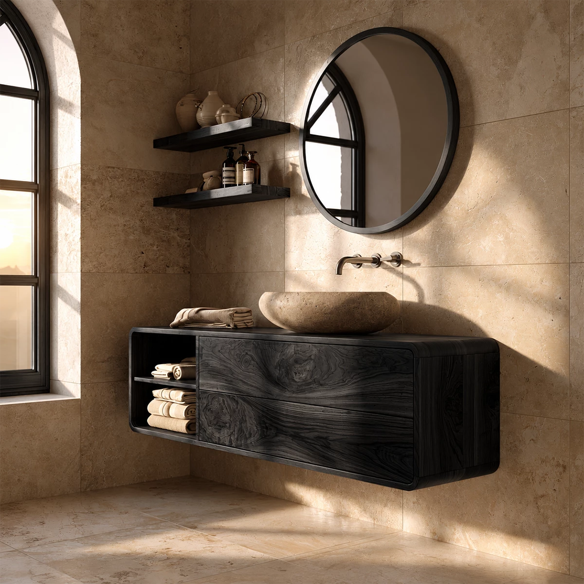 Natural Solid Wood Floating Bathroom Vanity with Two Drawers and Open Shelf