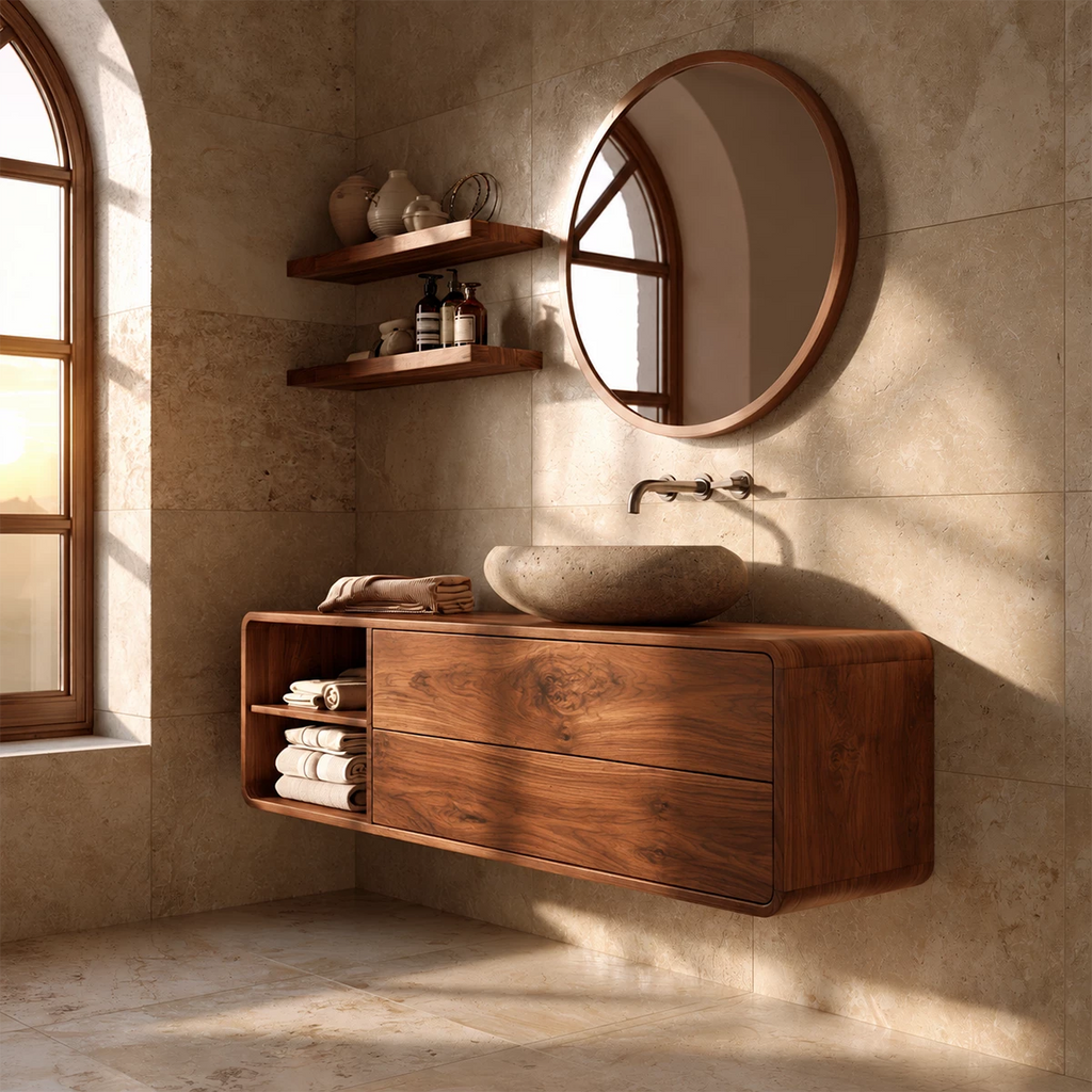 Natural Solid Wood Floating Bathroom Vanity with Two Drawers and Open Shelf