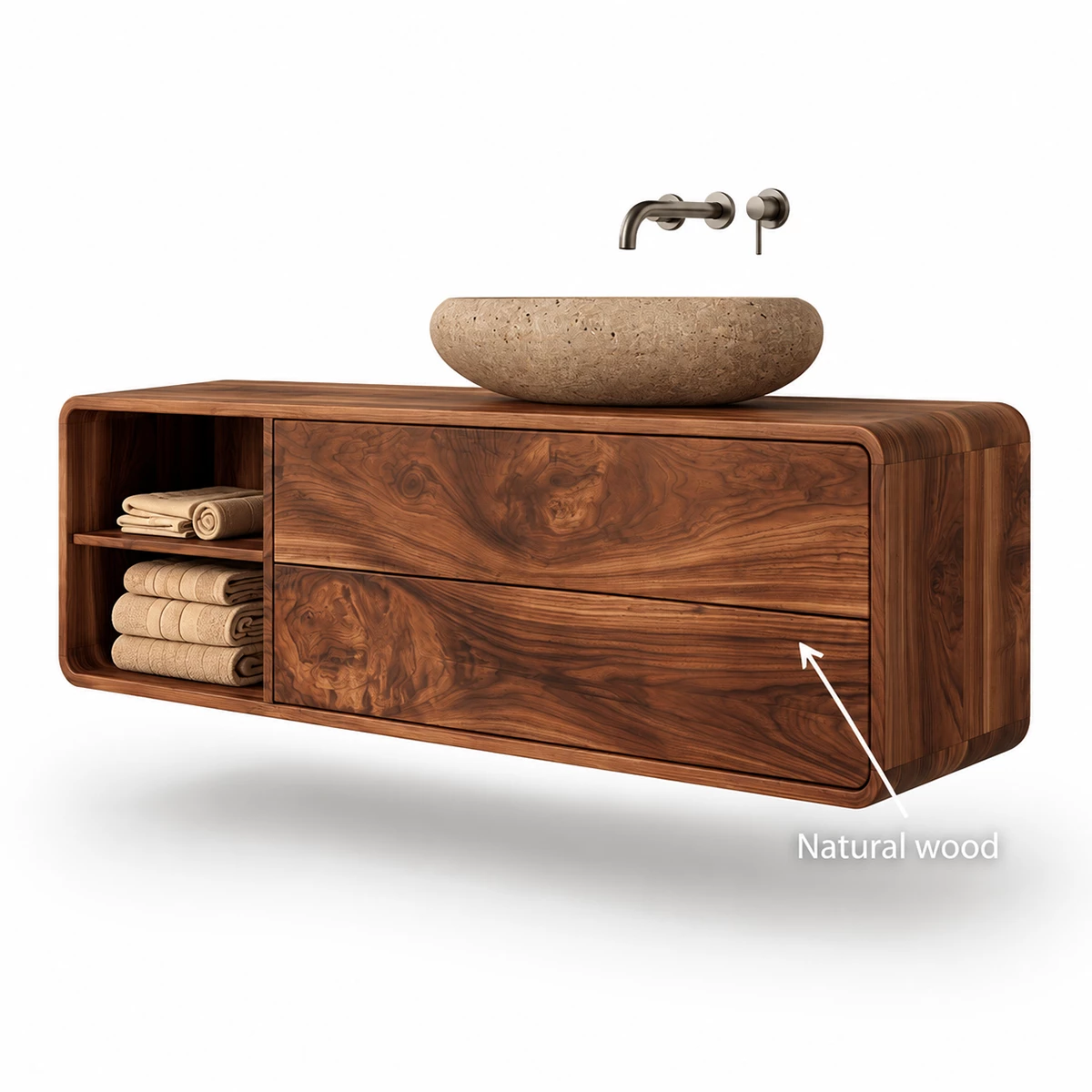 Natural Solid Wood Floating Bathroom Vanity with Two Drawers and Open Shelf