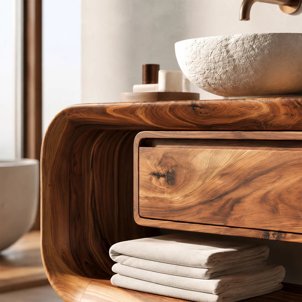 Natural Solid Wood Floating Bathroom Vanity with Drawer and Open Shelf