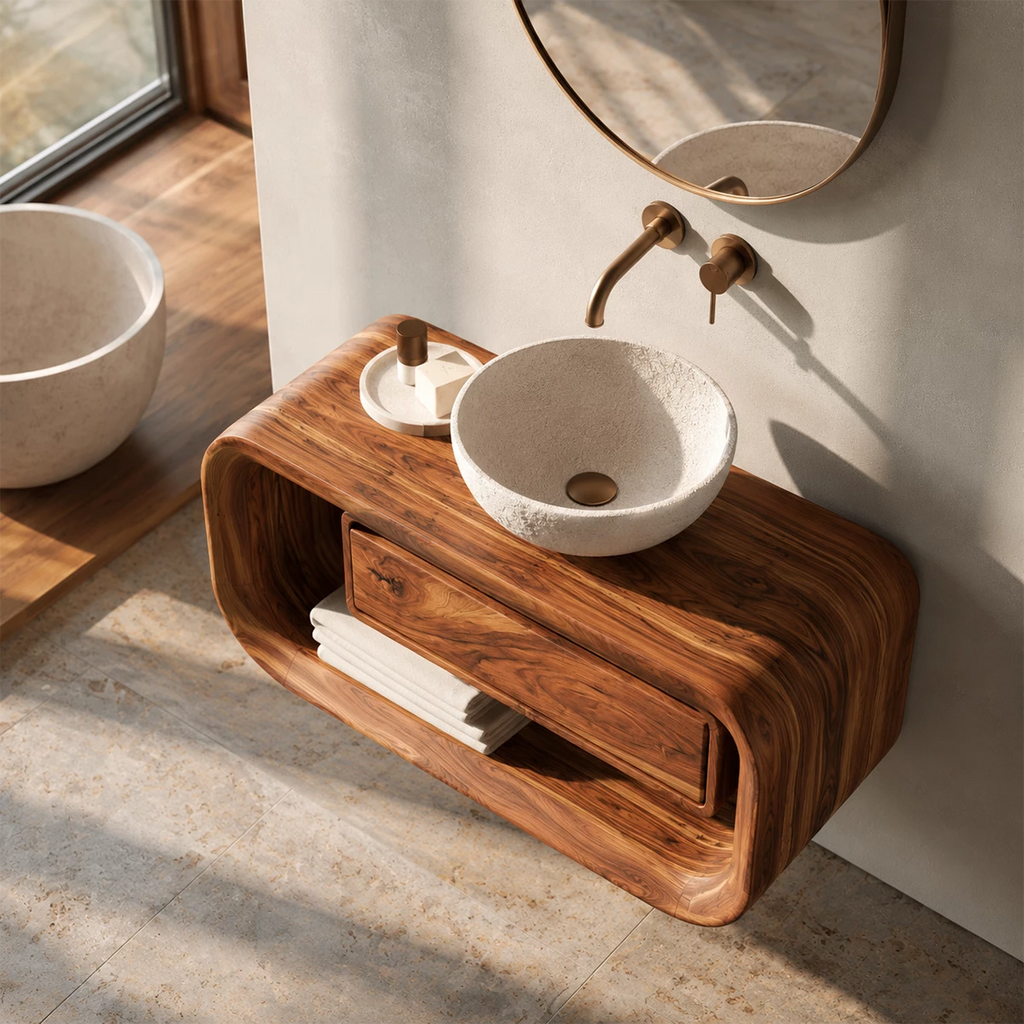 Natural Solid Wood Floating Bathroom Vanity with Drawer and Open Shelf
