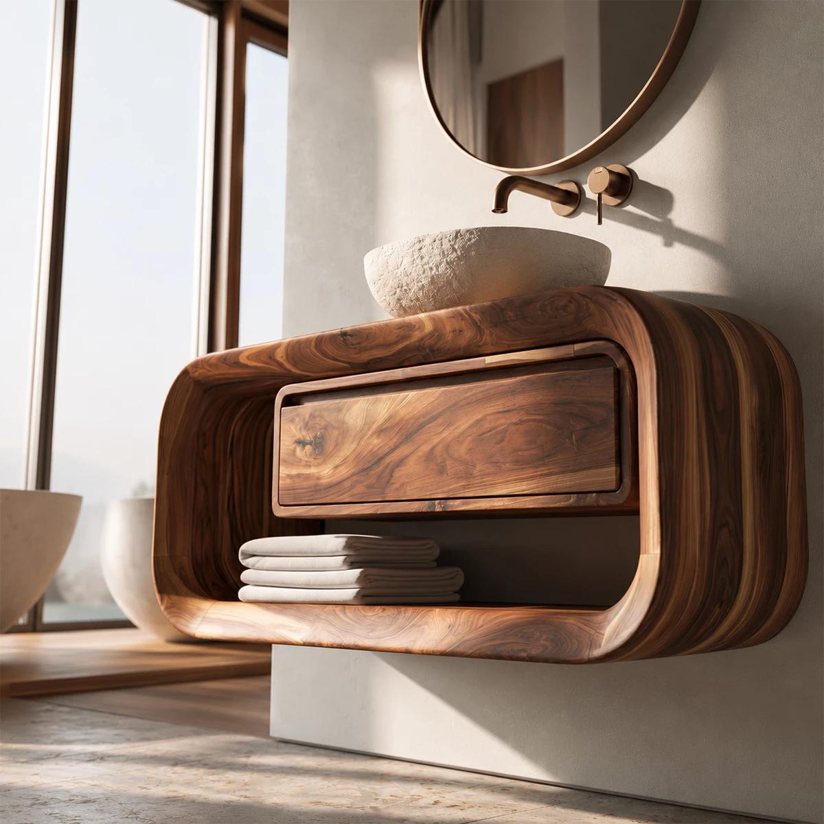 Natural Solid Wood Floating Bathroom Vanity with Drawer and Open Shelf