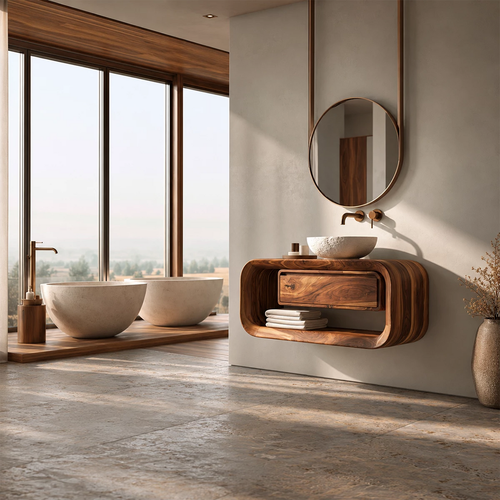 Natural Solid Wood Floating Bathroom Vanity with Drawer and Open Shelf