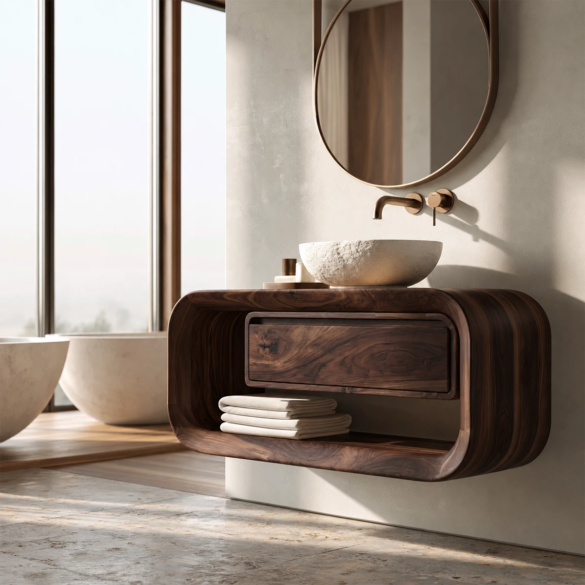 Natural Solid Wood Floating Bathroom Vanity with Drawer and Open Shelf