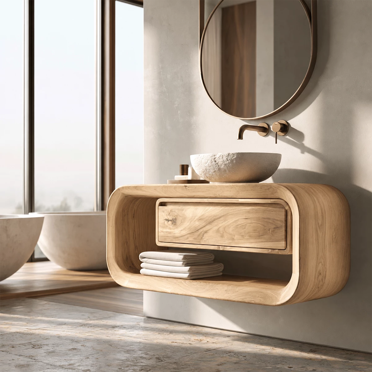 Natural Solid Wood Floating Bathroom Vanity with Drawer and Open Shelf