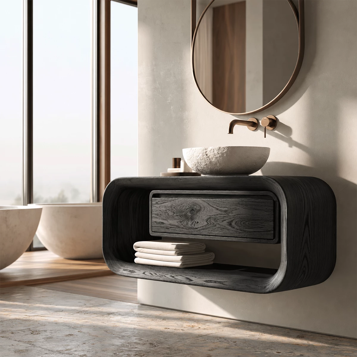 Natural Solid Wood Floating Bathroom Vanity with Drawer and Open Shelf