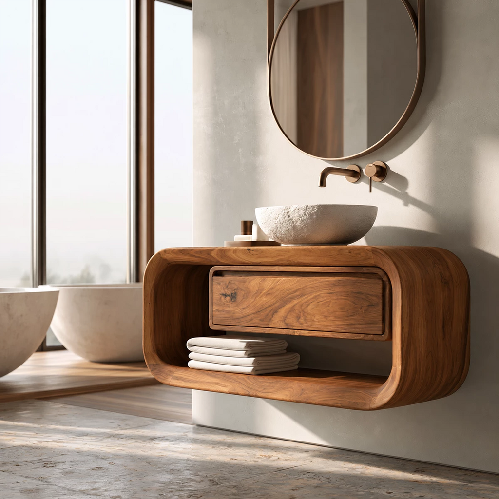 Natural Solid Wood Floating Bathroom Vanity with Drawer and Open Shelf