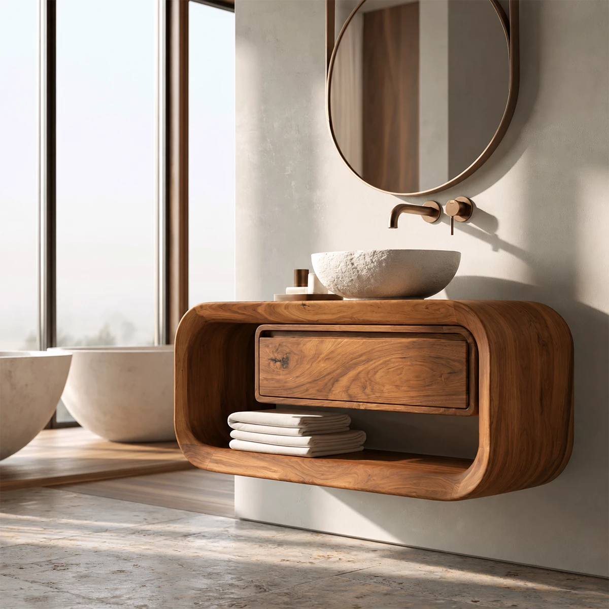 Natural Solid Wood Floating Bathroom Vanity with Drawer and Open Shelf
