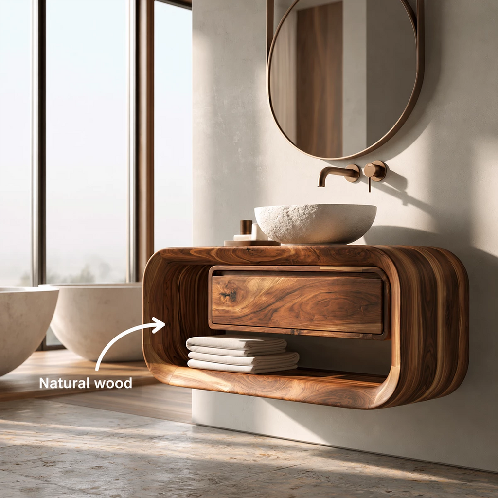 Natural Solid Wood Floating Bathroom Vanity with Drawer and Open Shelf