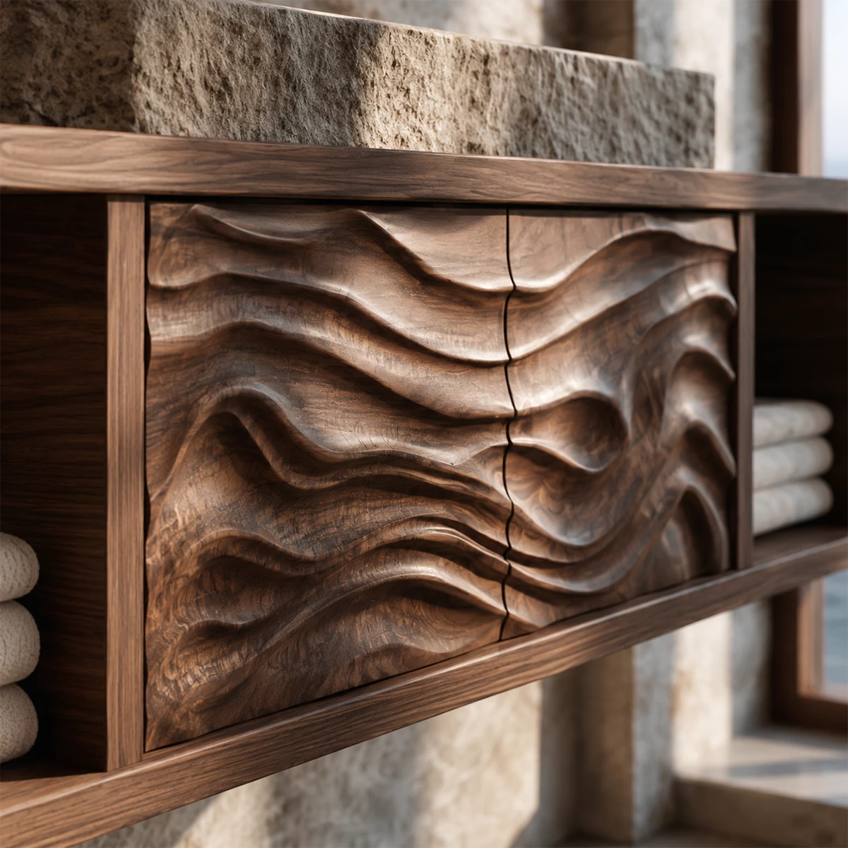 Natural Solid Wood Floating Bathroom Vanity with Four Carved Drawers