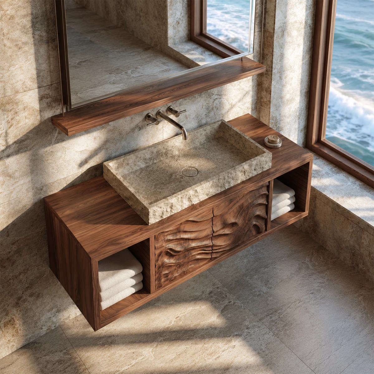 Natural Solid Wood Floating Bathroom Vanity with Four Carved Drawers