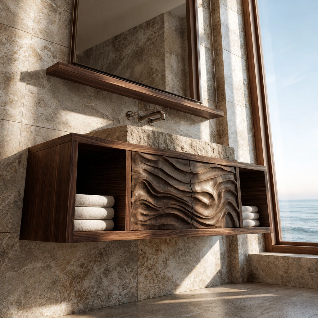 Natural Solid Wood Floating Bathroom Vanity with Four Carved Drawers