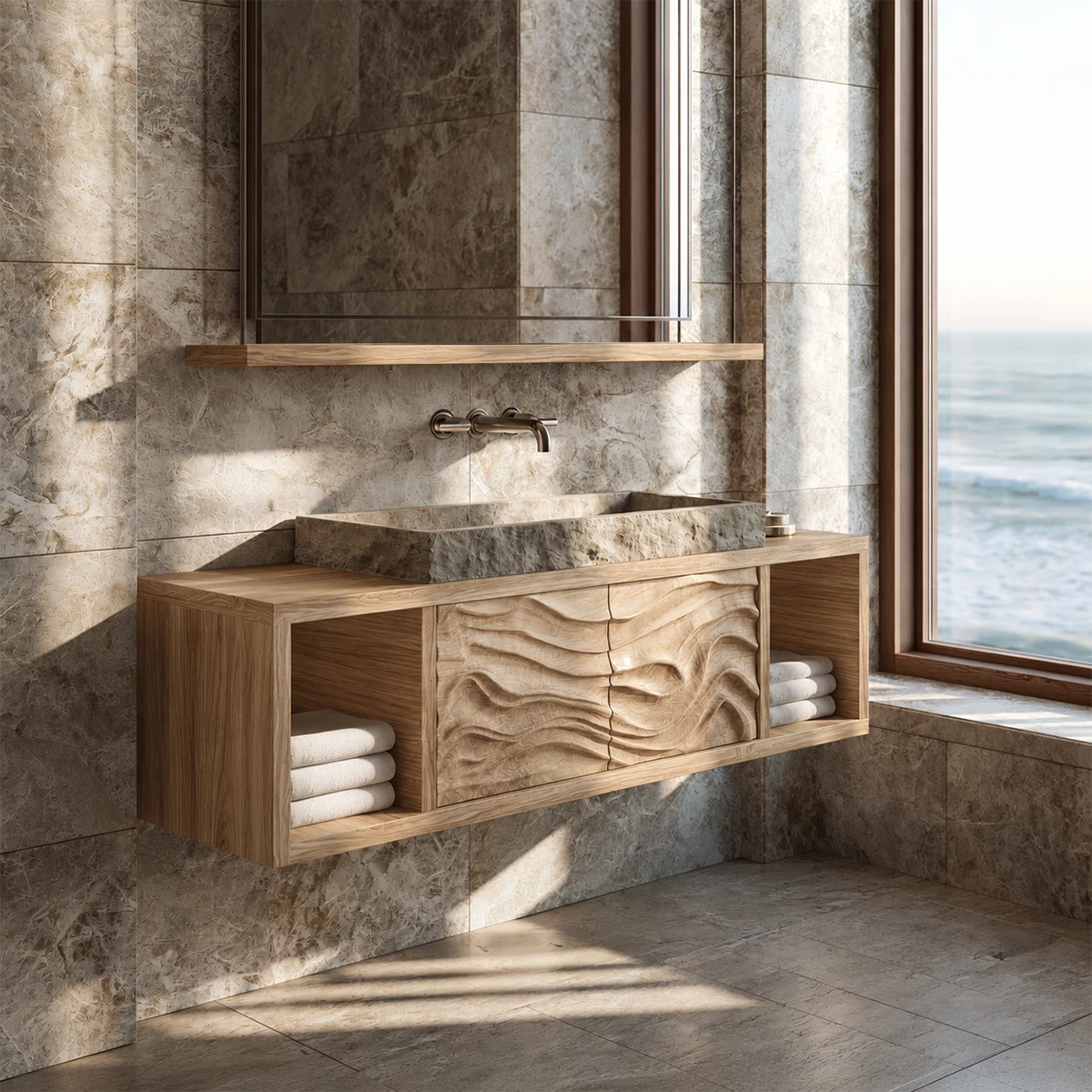 Natural Solid Wood Floating Bathroom Vanity with Four Carved Drawers