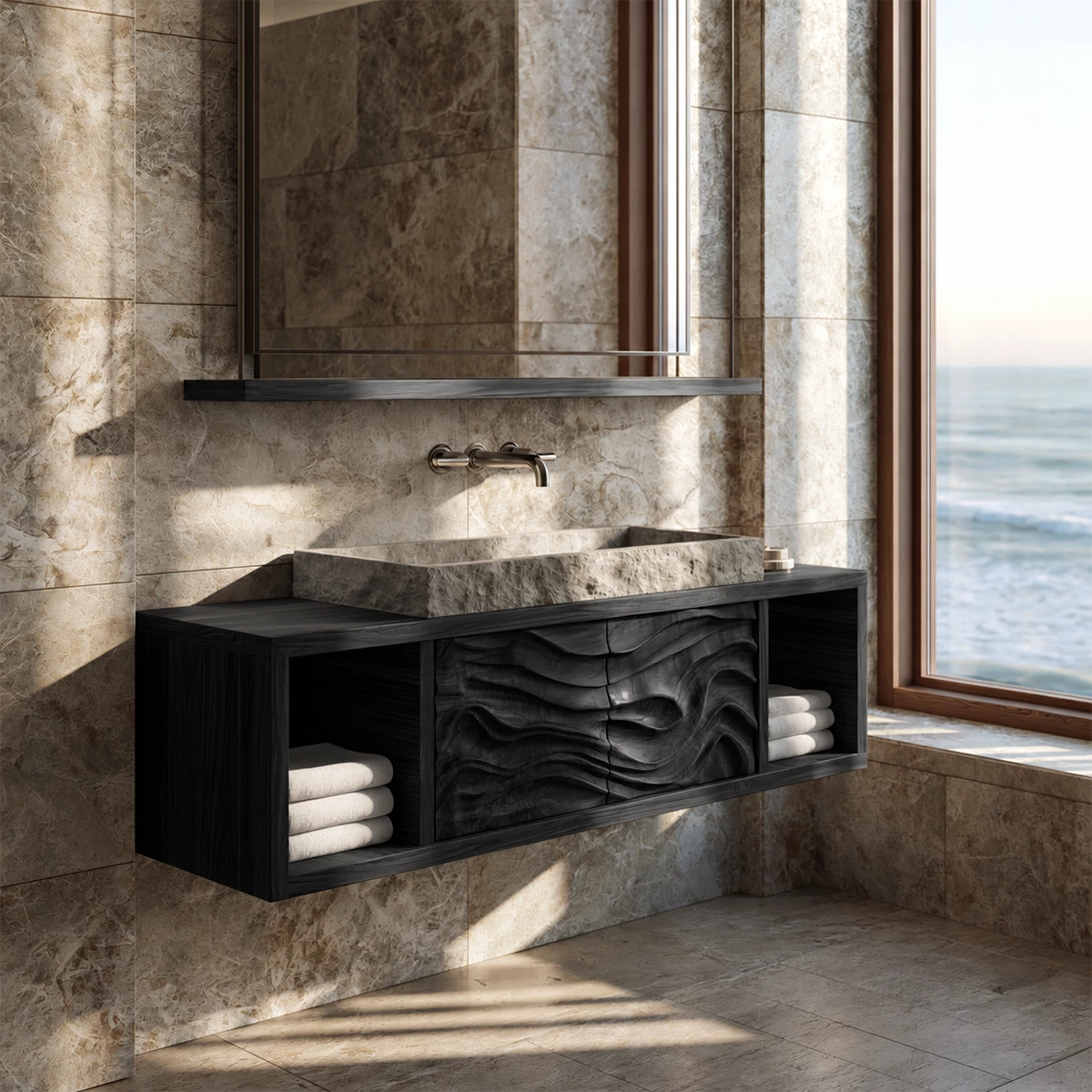 Natural Solid Wood Floating Bathroom Vanity with Four Carved Drawers