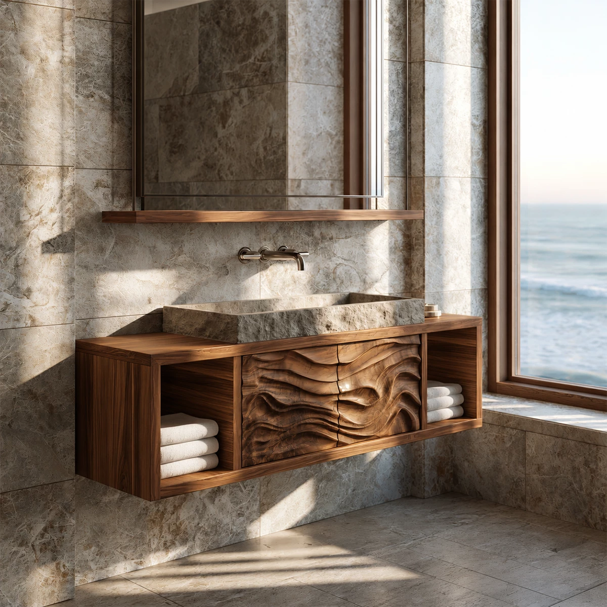 Natural Solid Wood Floating Bathroom Vanity with Four Carved Drawers