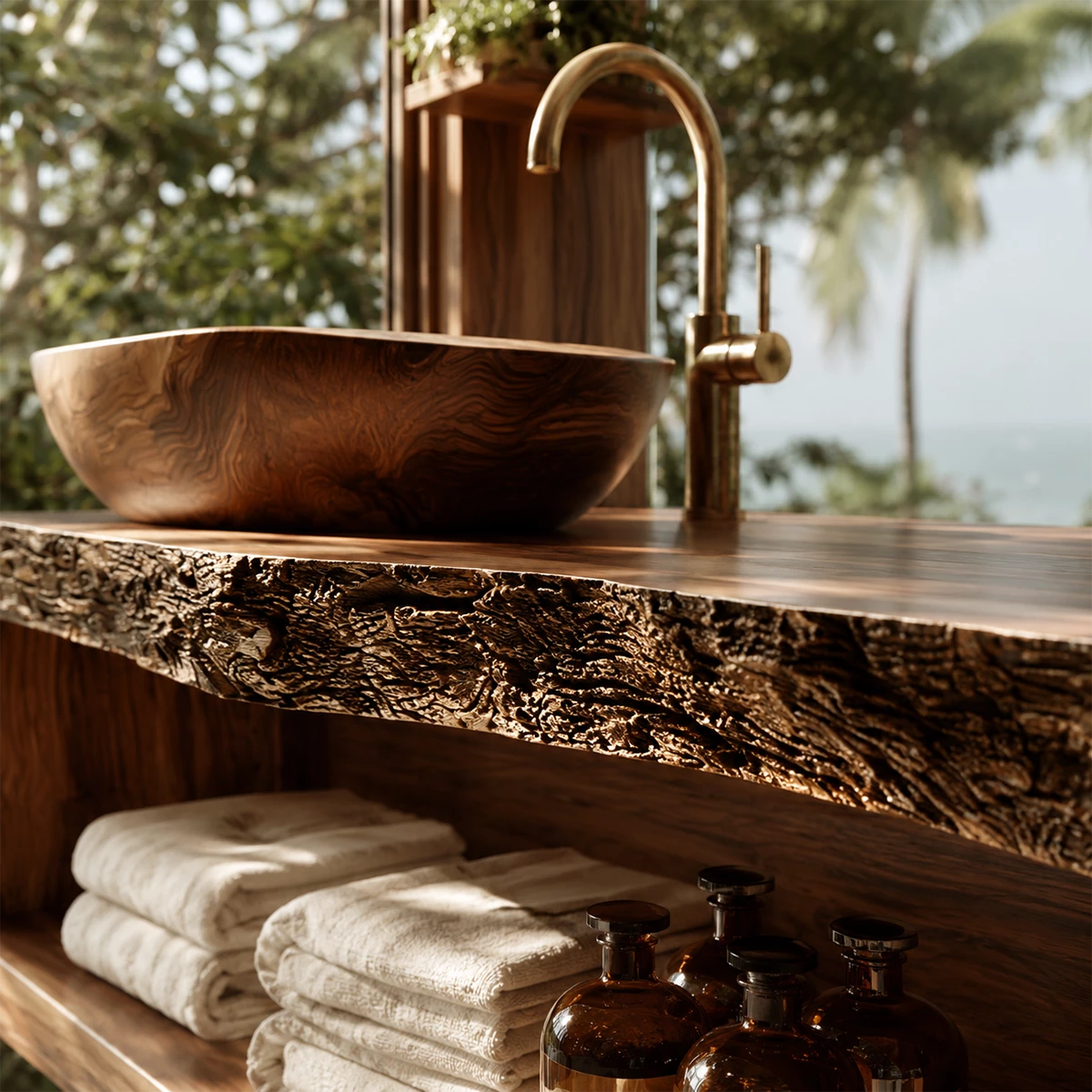 Natural Solid Wood Floating Bathroom Vanity with Full Width Open Shelf